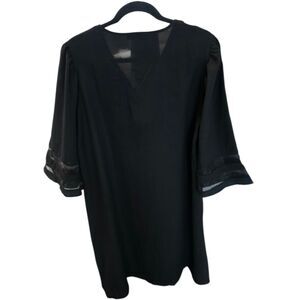 Coeur De Vague XL Black V Neck Dress Sheer Flutter Sleeves Textured Trim